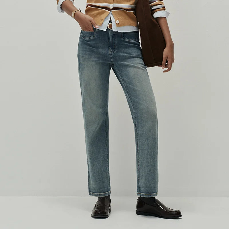 Semir Women Jeans Stretch Cropped Straight Cuffed Hem Soft Denim Casual Style Autumn Pants Urban Daily Wear 2026