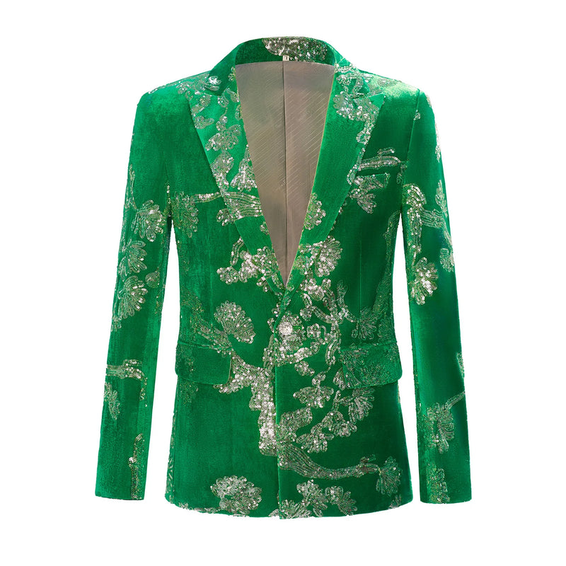 Luxurious Men's Green Two-piece Suit, Featuring A Jacket Embellished with Silver Circular Sequins and Matching Trousers.