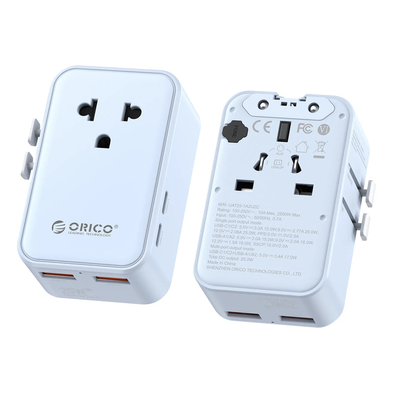 ORICO Ultra-Thin GaN 25W Universal International Travel Power Adapter with AC Outlets 4 USB Charging Ports Wall Plug US EU UK AU
