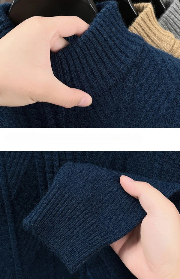 Winter Collection of Men's Long-sleeve Knit Wool Sweaters: Red Crew-neck Pullover with A Semi-high Collar; Black, Gray, Camel.