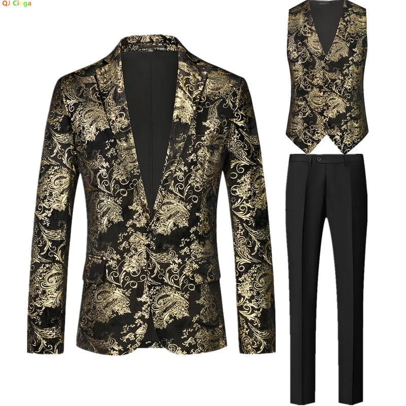 2026 Spring New Men's Three-Piece Suit: Gold-Print Decorated Jacket and Vest Paired with Black Trousers, Asian Fit Slim Cut.