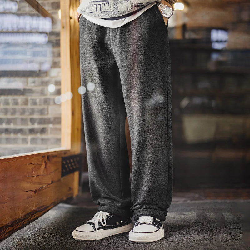 Maden Men's Grey Thickened Wool-Like Dress Pants Straight-Leg Casual Long Pants Warm Commuter Office Trousers for Autumn Winter