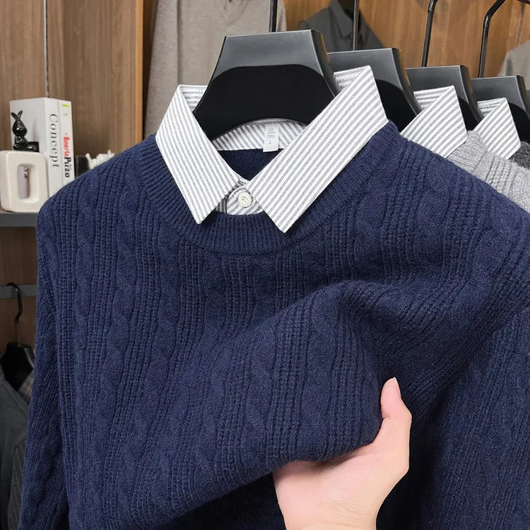 Men's Cable Knit Sweater, Faux Two-Layer Shirt Collar, 550g Wool Blend, 7 Colors Business Casual Knitted Pullover Sweater