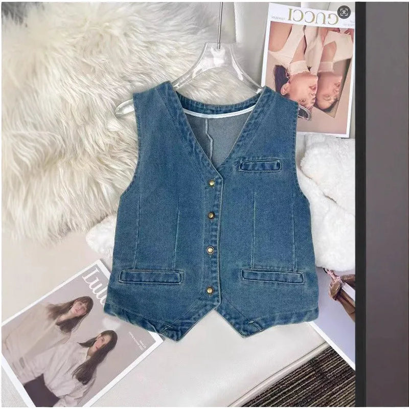 Denim V-neck Short Vest Jacket Women Spring Summer Fashionable Retro Versatile Sleeveless Top Autumn Slim Female Waistcoat