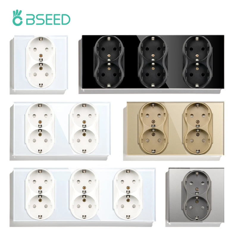 BSEED EU Standard Double Wall Power Outlets Double Electric Sockets Dual Plugs Glass Panel 16A 110-250V Home Improvement