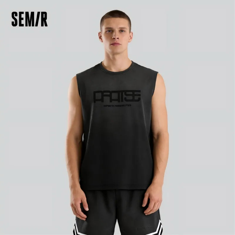 Semir Mens Vest 2026 Sleeveless Pure Cotton Letter Printed Gradient Knitted Tops Crew Neck Wide Shoulder Casual Soft Daily Wear