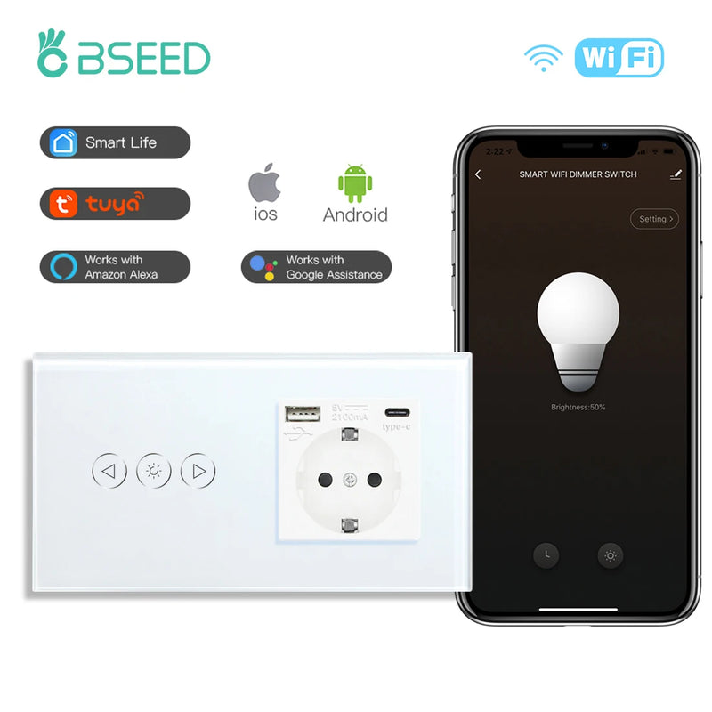 BSEED Wifi Dimmer Switch Smart Dimmable Touch Switch With EU Socket Glass Panel Support Tuya Smart Life Google Home Control