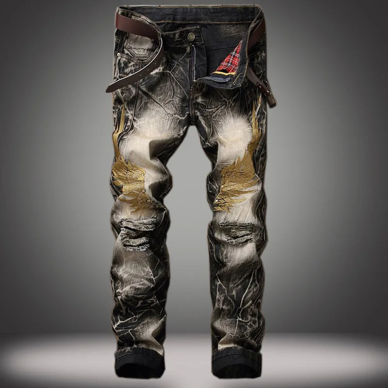 2026 Men's Blue Jeans, Gray Fashion Casual Trousers, Pleated Patchwork Decorative Denim Pants Asian Sizes 29-38, 40, 42.