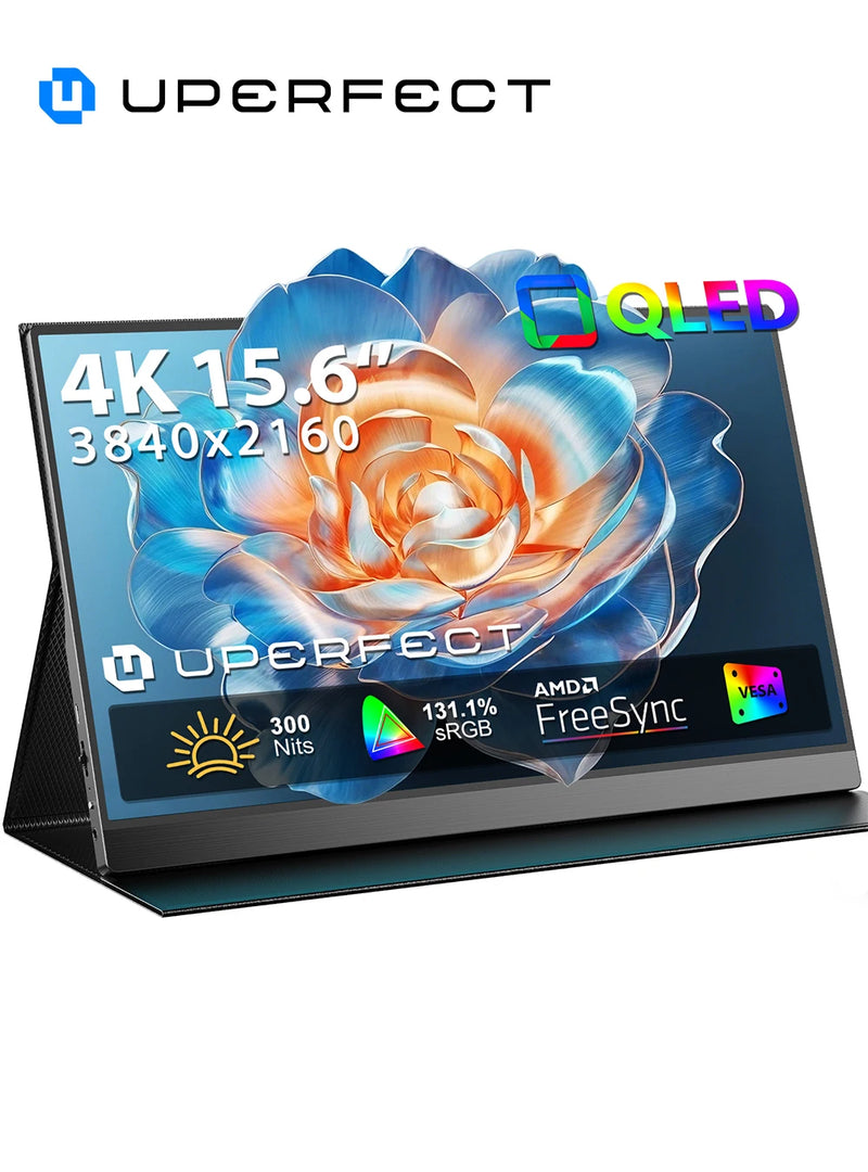 ម៉ូនីទ័រចល័ត PERFECT QLED 4K ទំហំ 15.6 អ៊ីញ 131% sRGB HDR IPS UHD USB-C កុំព្យូទ័រយួរដៃ កុំព្យូទ័រ អេក្រង់ HDMI ជាមួយ Smart Cover និងឧបករណ៍បំពងសម្លេងពីរ