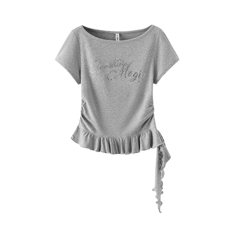 Semir Women Tshirt One Shoulder Ruffle Rhinestone Cropped Top 2026 Summer Fashion
