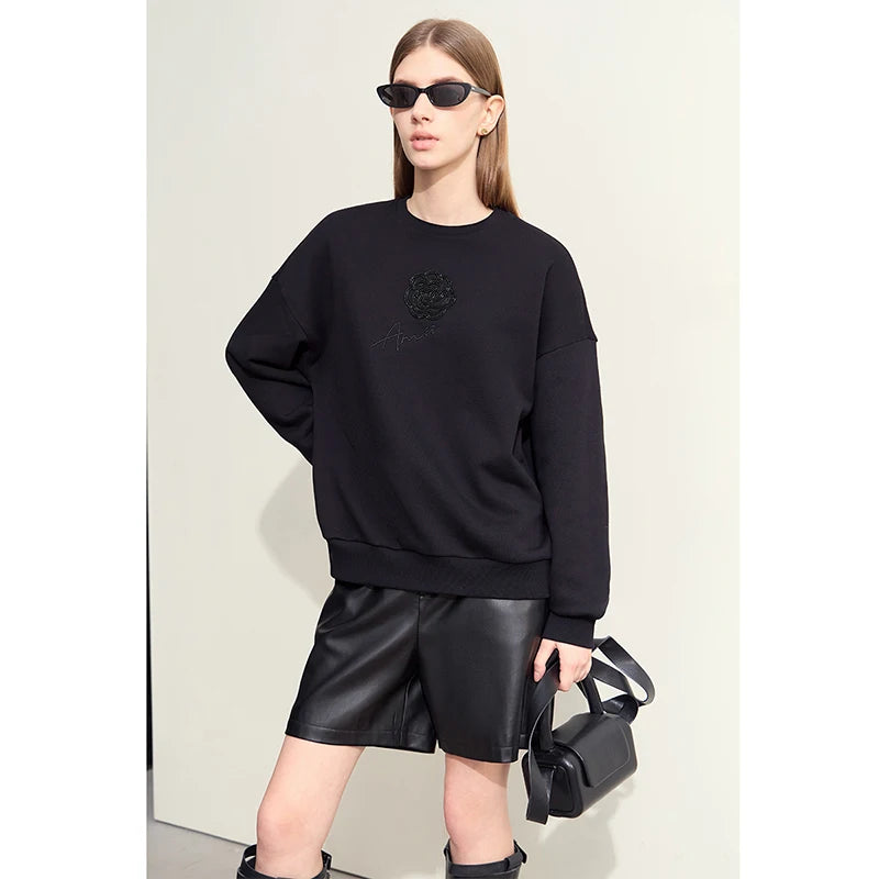 Amii Minimalism 2026 New Autumn Cotton Brushed Sweatshirt For Women O-neck Rose Embroidery Drop Sleeve Trendy Pullovers 12413003