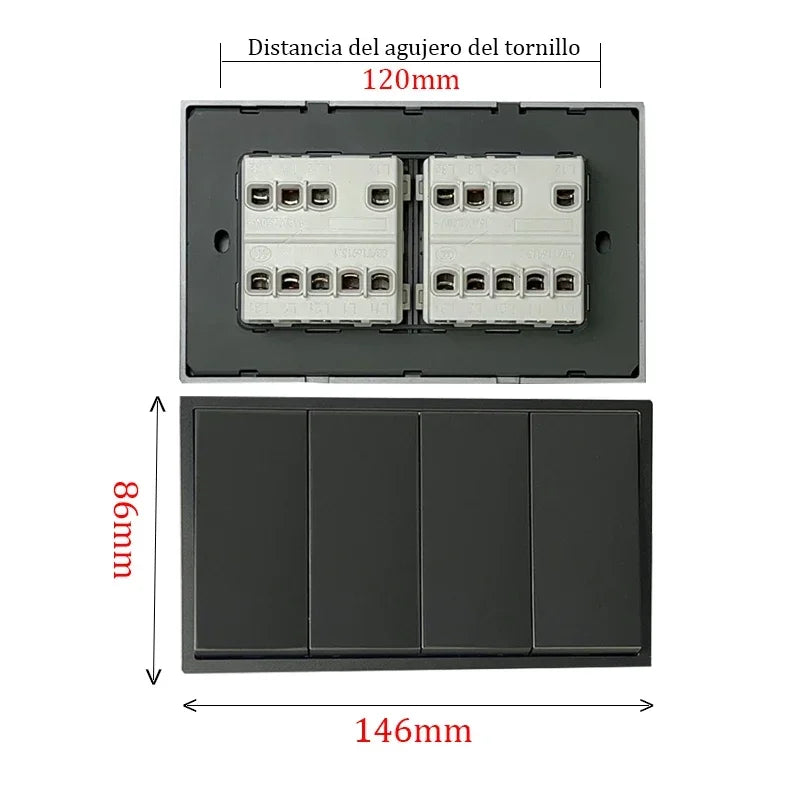 Uk/EU Luxury Black 6gang 1/2way 220V Wall Light Switch Panel, Grey 6*3 4gang2way Cross Kitchen Button Switch 146mm*86mm