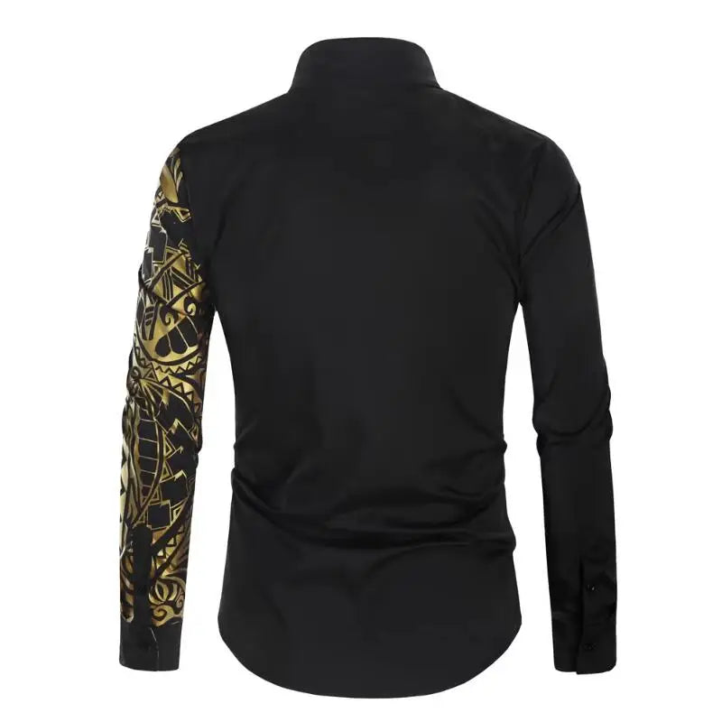 2026 Men's Black Long-sleeved Shirt, Gold Printed Shirts, Fashion Casual Tops Red White Blue Camisa Men Chemise XS S M L XL XXL