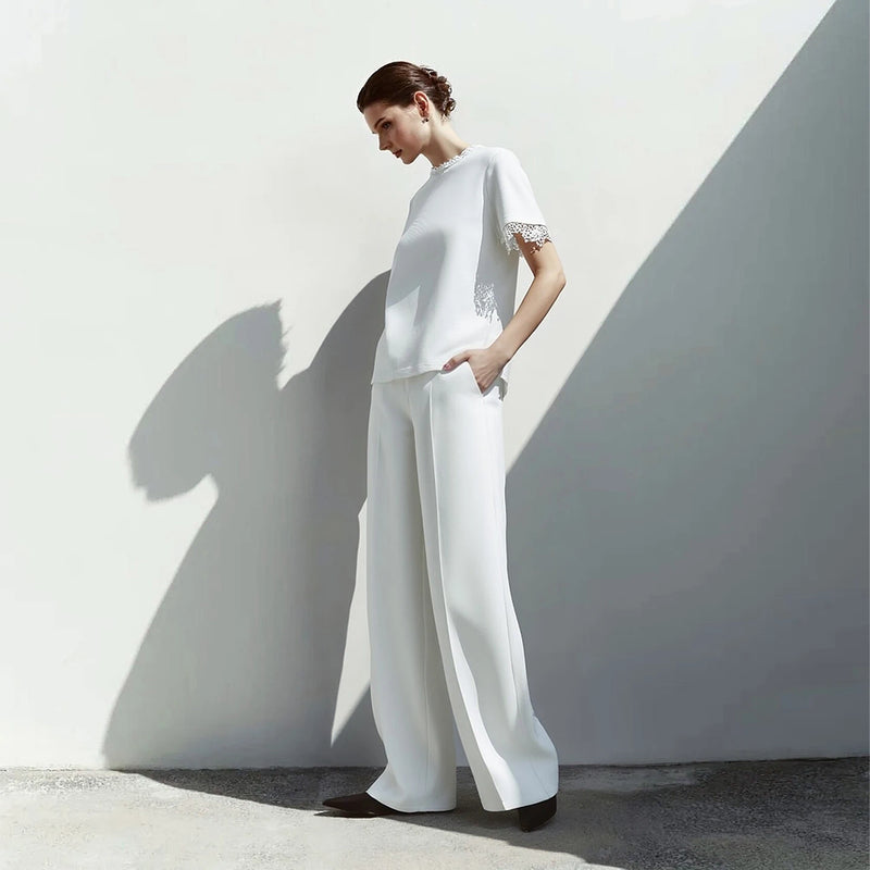 Amii Women's T-Shirt 2026 Summer New Round Neck Lace Patchwork Women's Tee Shirt Solid Color Elegant Short Sleeve Top 12642068
