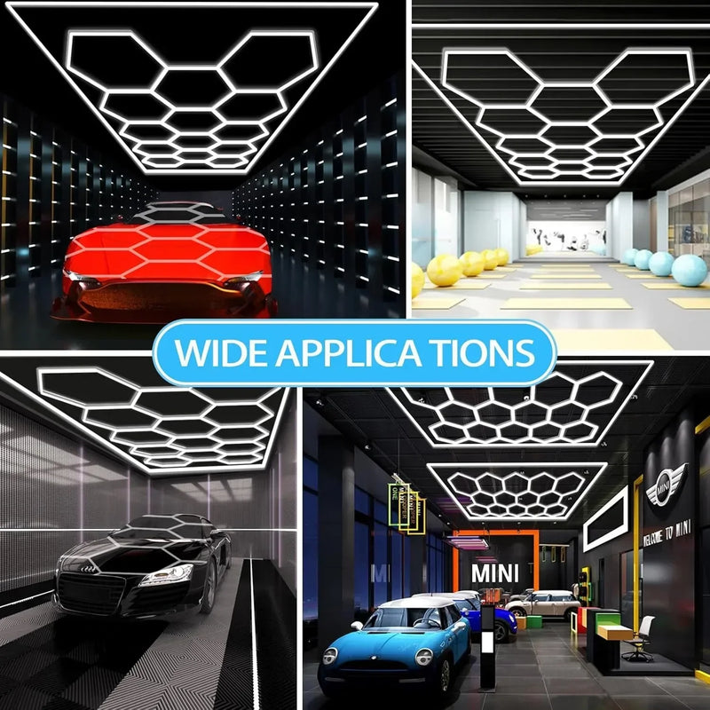 LED Garage Lights Hexagon Lamp 110-240V LED Tube Honeycomb Barbershop Ceiling Lighting for Workshop Car Show Auto Repair Gym