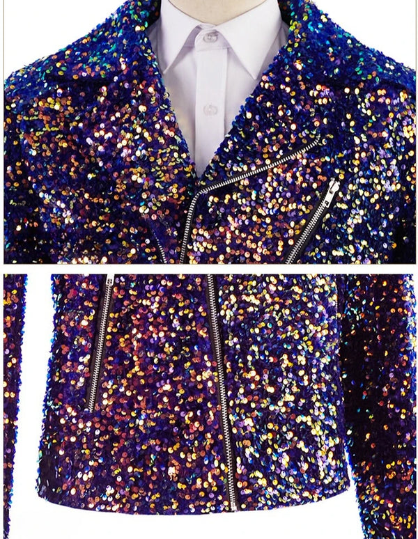 Men's Long-sleeve Jacket with A Zipper Closure and Circular Sequin Embellishments—perfect for Nightclubs, Biker Events, Parties.