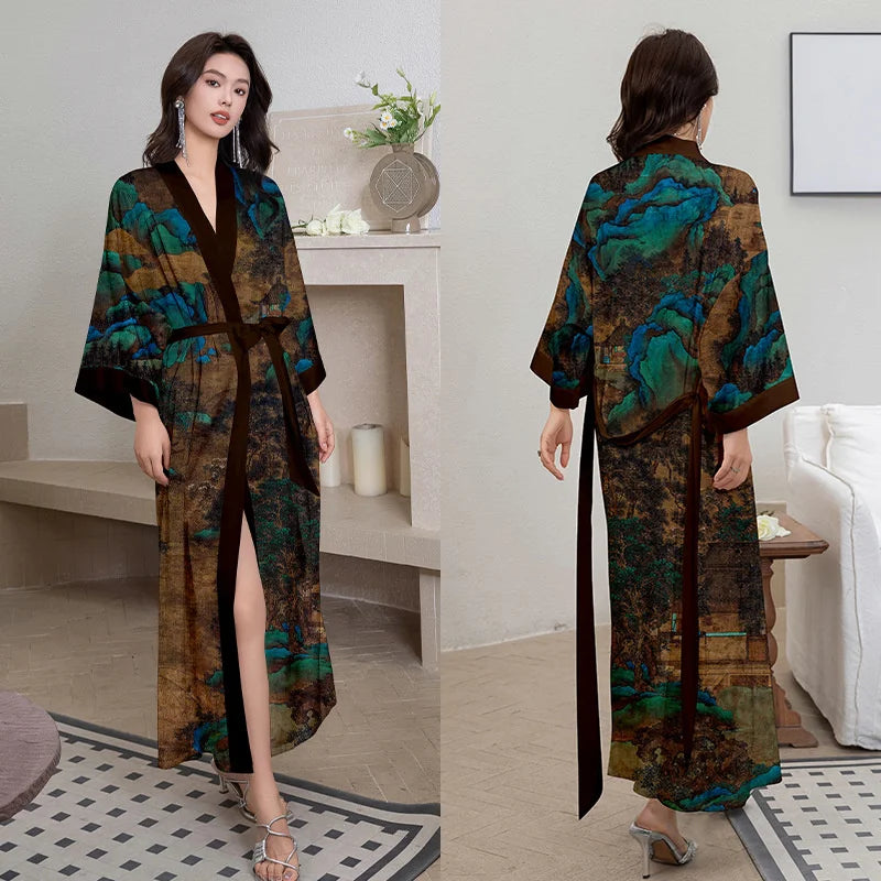 Women Ice Silk Rayon Home Dress Black Print Flower Long Robe Nightgown Spring Summer Half Sleeve Kimono Bathrobe Gown