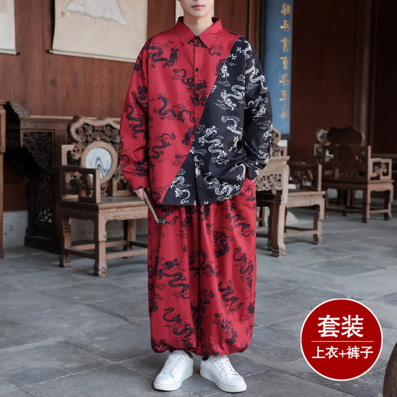 Unisex Street Dance/hip-hop Performance Attire, Loose Fit, Color-blocked Set with A Chinese Dragon Print. (Shirt and Pants)