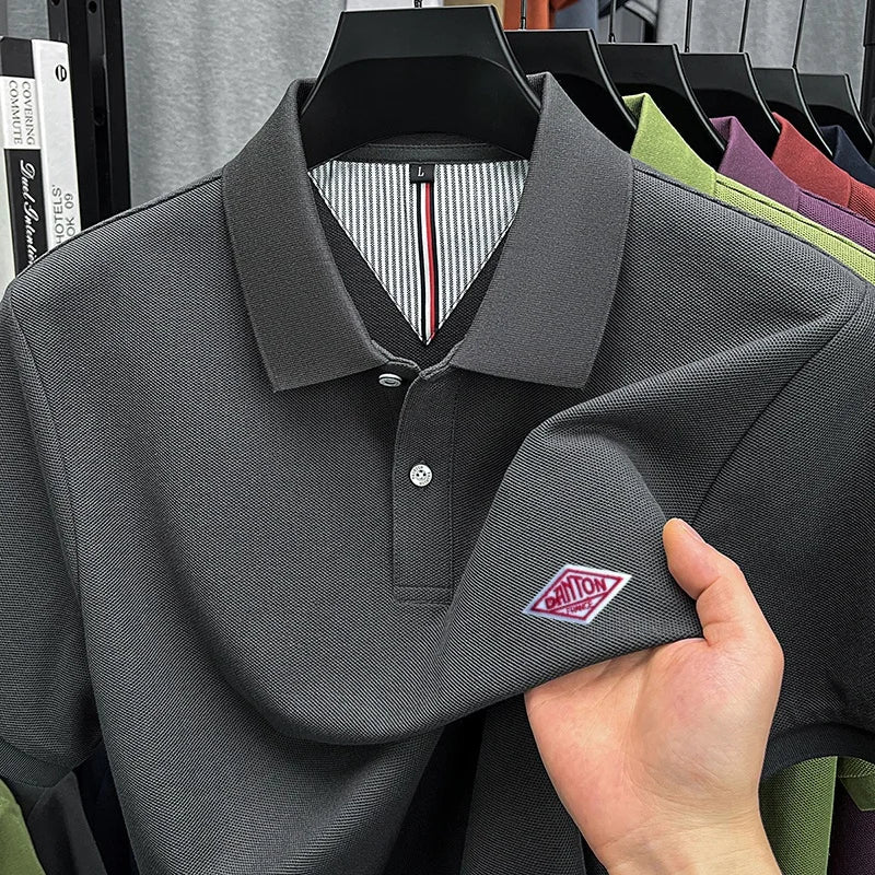 Designer Style 100% Cotton Man New Short-Sleeved Polo Shirt Lapel Button Slit Hem Letter Embroidery Classic Business Men's Wear