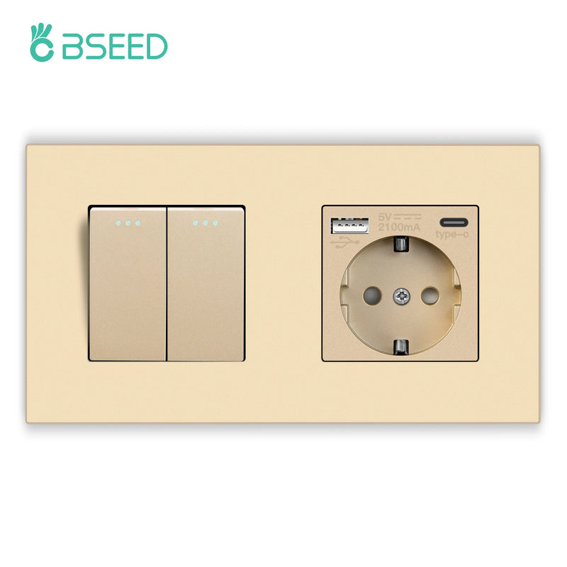 BSEED Mechanical Button Switches With Power Socket 1/2/3Gang 1Way Plastic Panel Electrical Outlets USB Type-C Wall Socket 16A