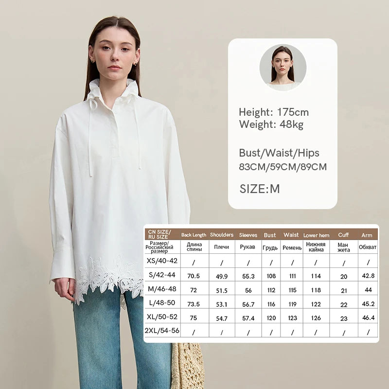 Amii Woman Autumn Shirt 2026 New Elegant Commuter Lapel Shirt Lace Patchwork Loose Cotton Casual Long Sleeve Top 12621011