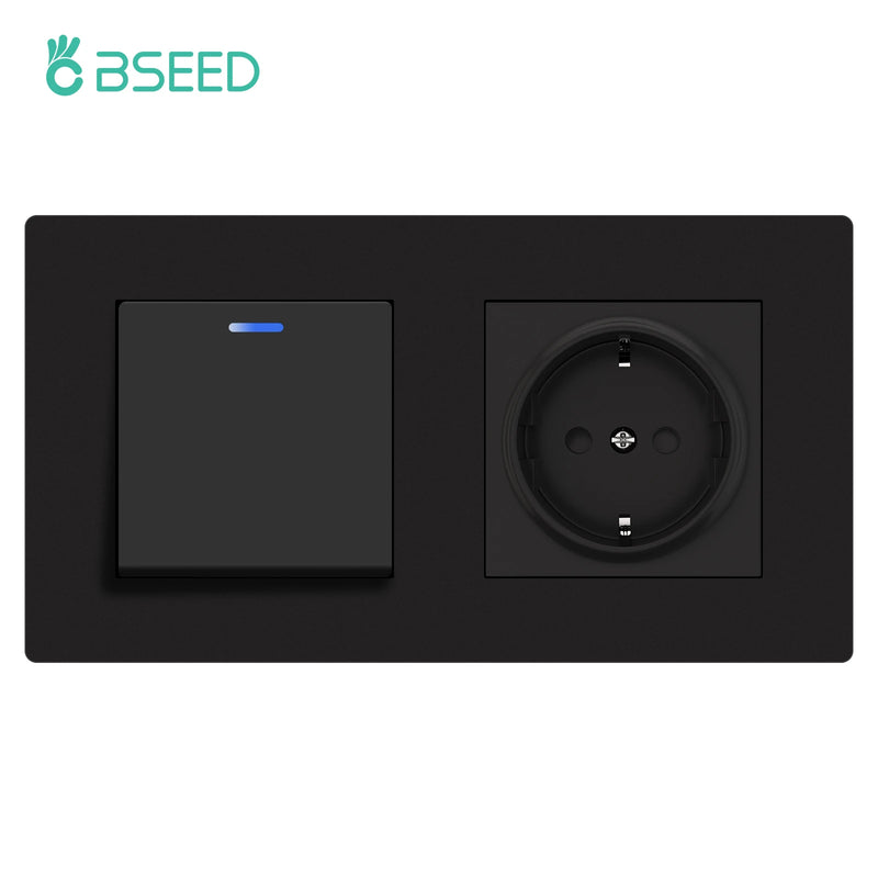 BSEED New Type 1/2Gang 1Way Mechanical Button Switch Light Switch Plus Wall Power Socket With Claws Plastic Panel EU Outlets