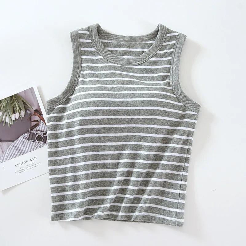 Women Sleeping Shirts New Knitted Cotton Sleepwear Tops One Piece Pajamas Striped Sleeveless Chest Pad Underwear T-shirt
