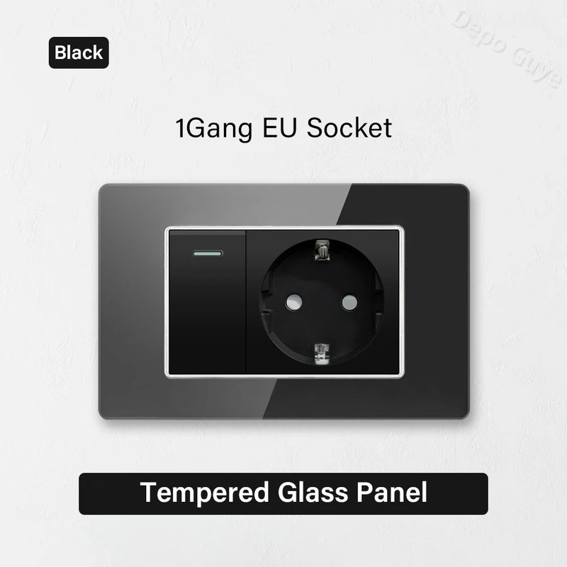Type 118 Black Tempered Glass Panel EU Wall Light Switch,Europe Wall Socket With USB Type-c 18W Quick Charge Outlet 118*75mm