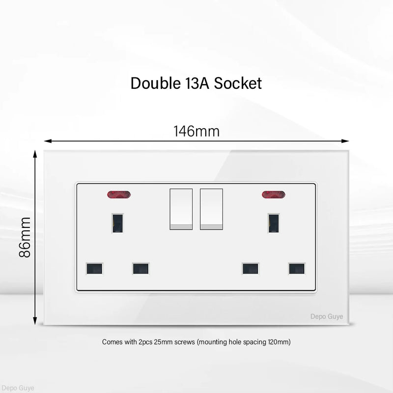 UK Standard 18W Type-C Fast Charging Universal Dual 3pin Power Outlet,White Tempered glass Wall light Switch Panel  For Home
