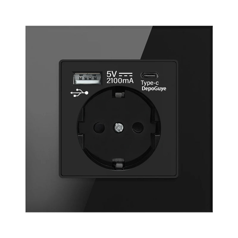 Grey EU USB C Wall Socket, Type-C Port Wall Plug Adapter, 16A Power Socket with USB Phone Charging, Russian Kazakhstan Outlet