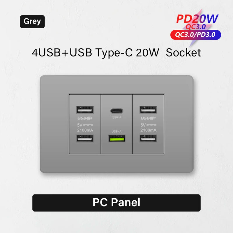 Korea Chile standard 20W Super Fast smart Charge Type C USB Port Power Wall Socket Plug,118*73mm Quick Charge electrical Outlet