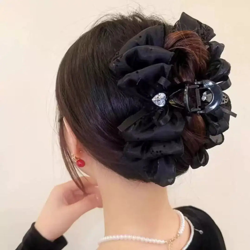 1/2pcs Women's Multi-Color Rhinestone Heart Embellishment Mesh Bow Hair Clip Double-Sided Bubble Grip Clip Fluffy Hair Claw