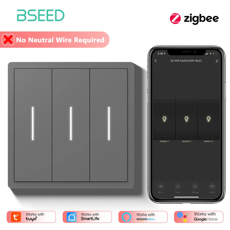 BSEED Zigbee Button Light Switch 1/2/3/4Gang Smart Wall Switch Tuya Smart Life Alexa Voice Control Plastic Frame No Neutral Line