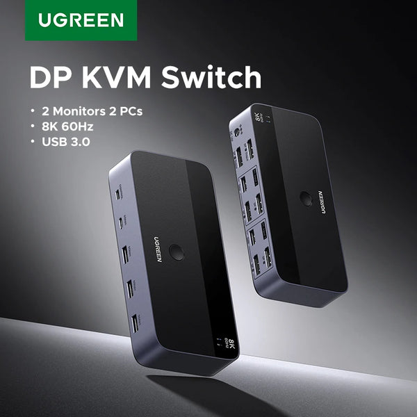 UGREEN DP KVM Switch 2 Monitors 2 PCs 8K 60Hz USB 3.0 Sharing Keyboard Mouse Monitor with HDR 3D for Laptop Desktop Printer