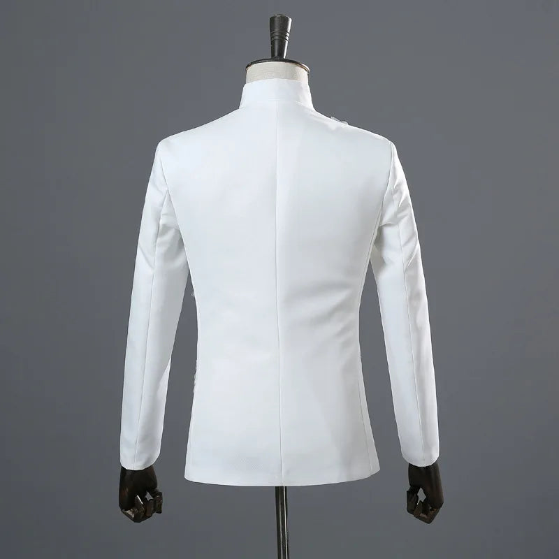 Men's White Standing Lapel Suit Two-Piece, Chinese Style Long Sleeve Jacket with Trousers, Blue Red Black Optional, Asian Size