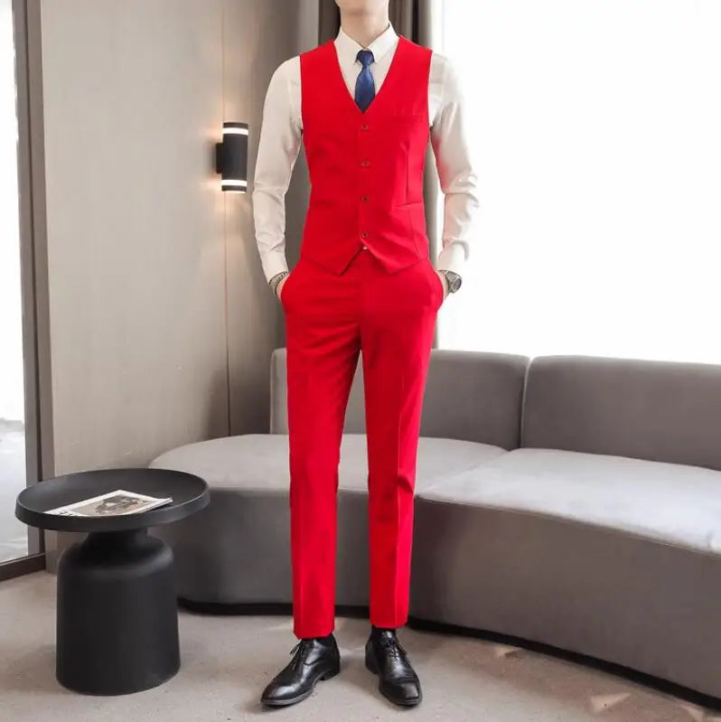 2026 Men's Bright Red V-Neck Sleeveless Vest with Pants, Green Gray Black White Purple Waistcoat and Trousers Asian Size Sets