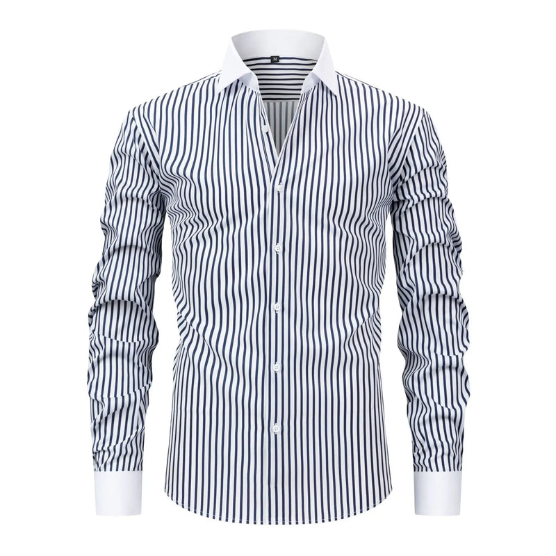 Men's Long-sleeve Stretch Shirt with Black-White Stripes; Suitable for Weddings/Parties/Business/Casual Wear; Red, Blue, Yellow.