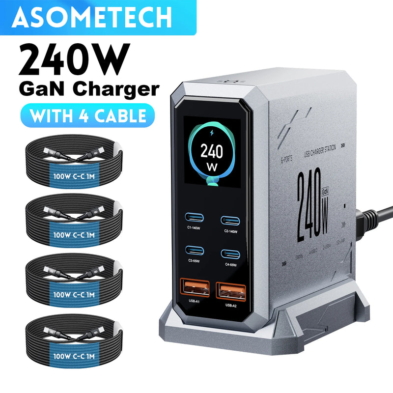 ស្ថានីយ សាក ថ្ម GaN 240W PD3.1 USB Type C 140W សាក ថ្ម លឿន ជាមួយ អេក្រង់ LCD សម្រាប់ iPhone 17 16 Samsung MacBook iPad កុំព្យូទ័រ យួរដៃ ថេប្លេត