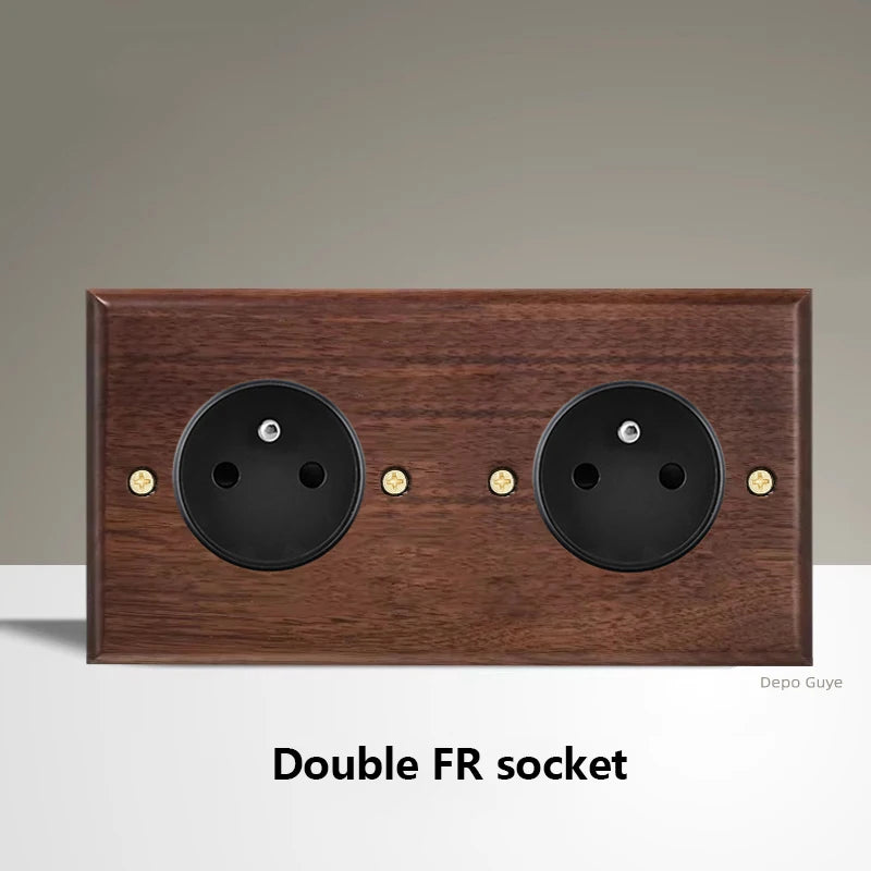 Black Walnut Wood Toggle Light Switch,Home retro Brass Panel,FR UK Universal Double USB Wall Electrical Socket Vintage Switch