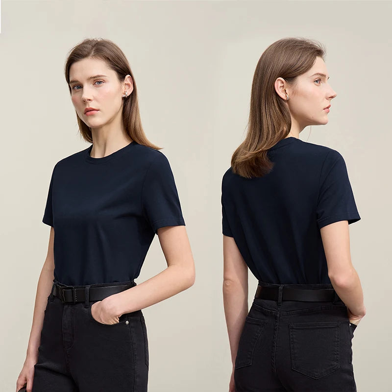 Amii Basic Women's T-Shirt 2026 Summer Casual Round Neck Short Sleeve Tee Solid Color Versatile Slim Fit Top for Women 12622008