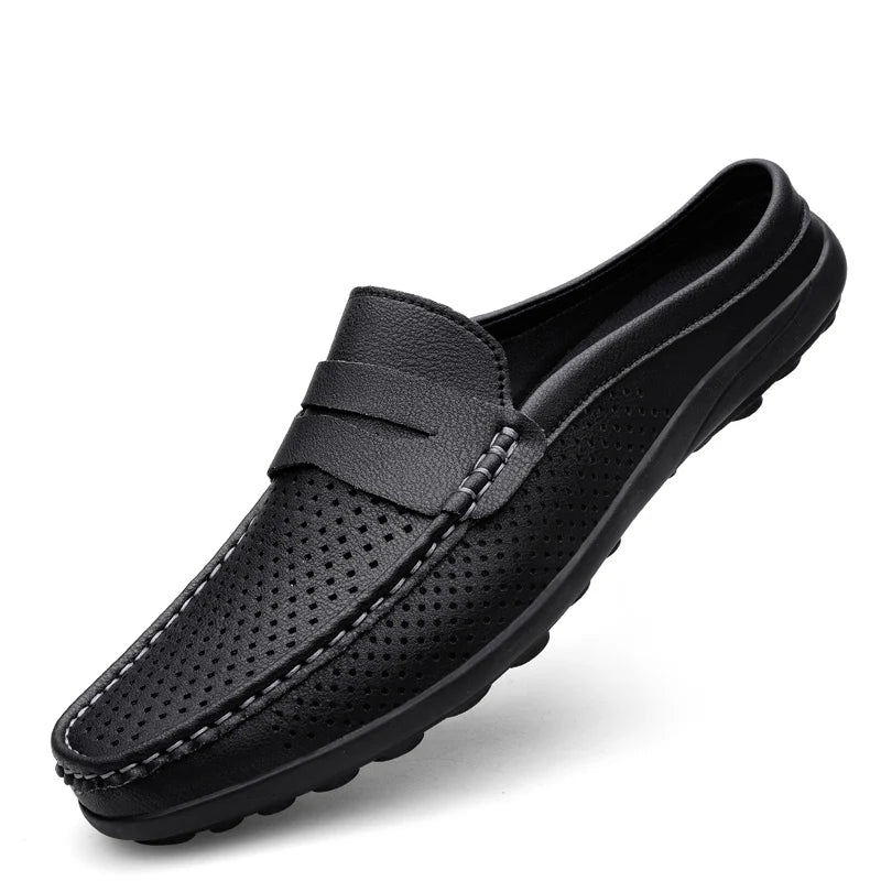 Summer Men Breathable Half Shoes Casual Leather Shoes White Black Slip On Loafers Shoes Big Size 46 47 Dropshipping