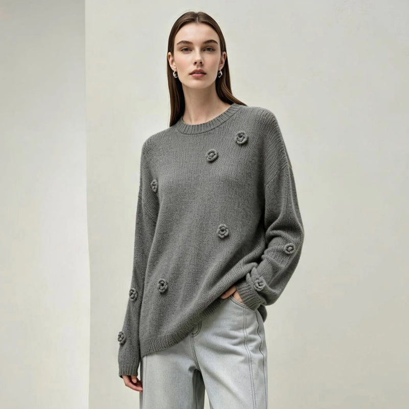 Amii Women's Crew Neck Autumn Sweater Drop Shoulder Long Sleeve Rose Casual Pullover Loose Knit Tops Female Clothing 12623037