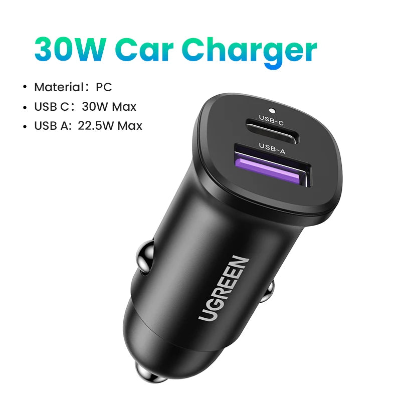【NEW-IN】UGREEN USB Car Charger 30W Quick Charge 4.0 QC4.0 QC3.0 PD Type C Fast Car USB Charger For iPhone 17 Xiaomi Mobile Pho
