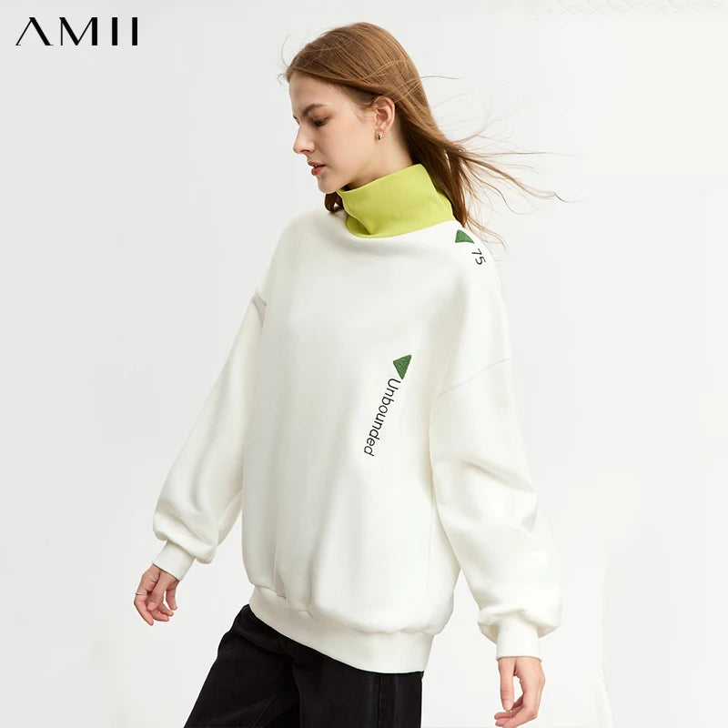 AMII Minimalist 2026 Autumn Embroidery Sweatshirt Women Loose Spliced Pullovers Tops Turtleneck Velvet Sweatshirt 12443255