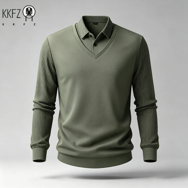 Men Fake Two Piece Long Sleeve Top V Neck Ribbed Sleeve Shirt Collar For Business Office Daily Commute Casual Outfits