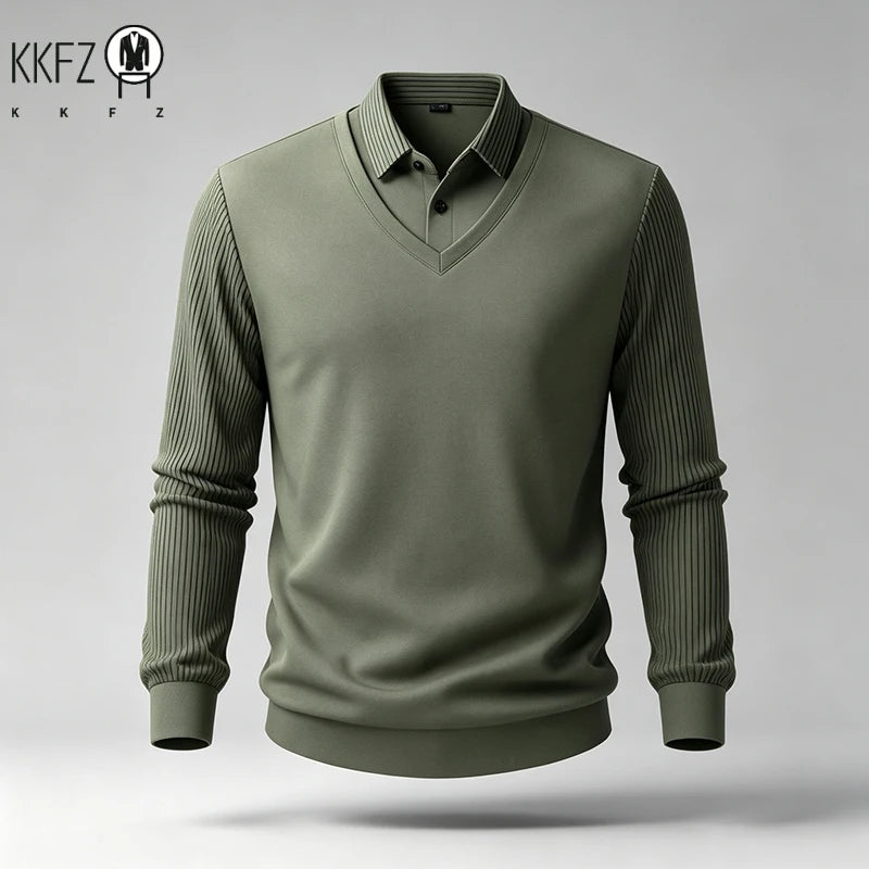 Men Fake Two Piece Long Sleeve Top V Neck Ribbed Sleeve Shirt Collar For Business Office Daily Commute Casual Outfits