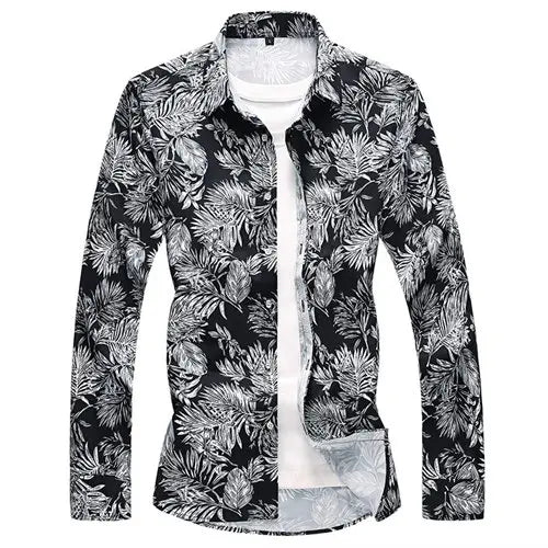 Asian Size Small Stretch Men' Long Sleeve Printed Shirts, Fashion Casual Flower Shirt, Single Breasted Square Collar Tops Camisa