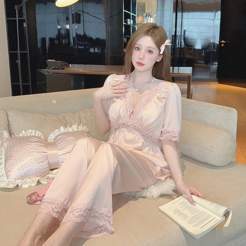 Silk Loungewear for Summer Pajamas Short Sleeve Sleepwear Women's Home Clothes 2Pcs Solid Color Homewear Suit Pijama Pyjamas