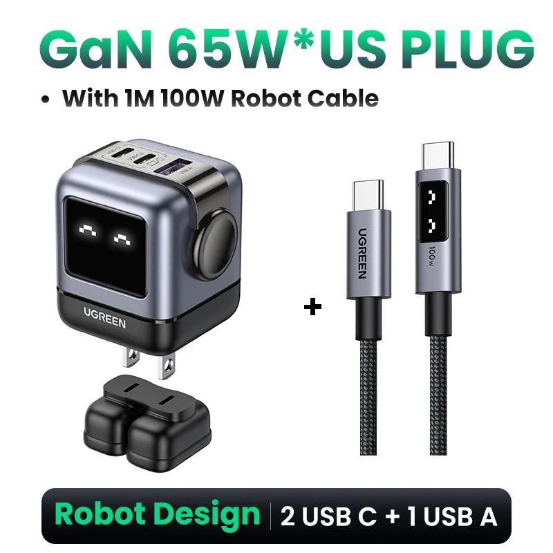 UGREEN 65W GaN Charger Uno Robot Design Quick Charge 4.0 3.0 PPS for iPhone 18 17 Pro Macbook Air Laptop Tablet PD Fast Charger