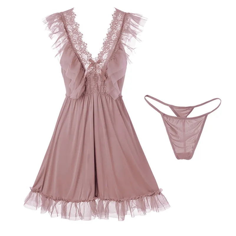 Sexy Night Wears For Women Sleeveless Short Dress V Neck Mesh Lace Nightgowns Female Lingerie Thin Sleepwear Nightshirt
